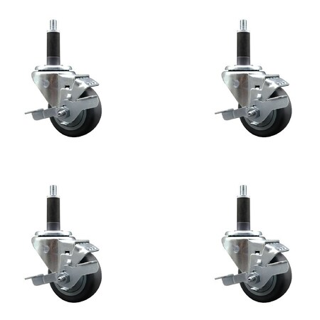 Service Caster 3'' Thermoplastic Rubber Swivel 1'' Expanding Stem Caster Set with Brake, 4PK SCC-EX20S314-TPRB-TLB-1-4